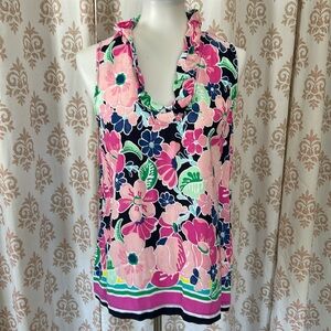 Crown & ivy bright floral ruffle neckline sleeveless top M